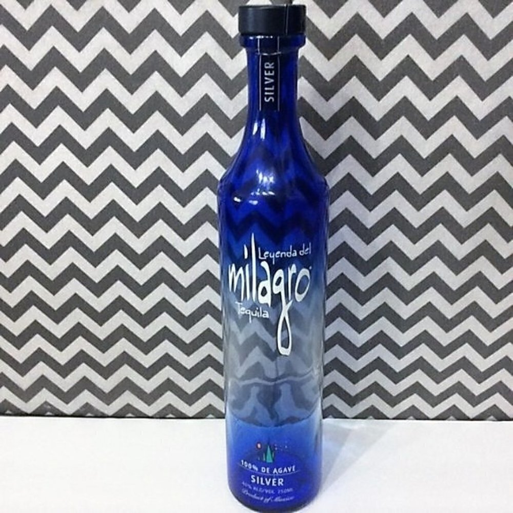 DIY BLUE TEQUILA SILVER  BOTTLE LEYENDA DEL MILAGRO GLASS  CRAFTS EMPTY